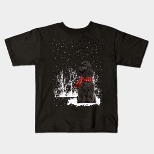 Christmas Black Mini Poodle With Scarf In Winter Forest Kids T-Shirt